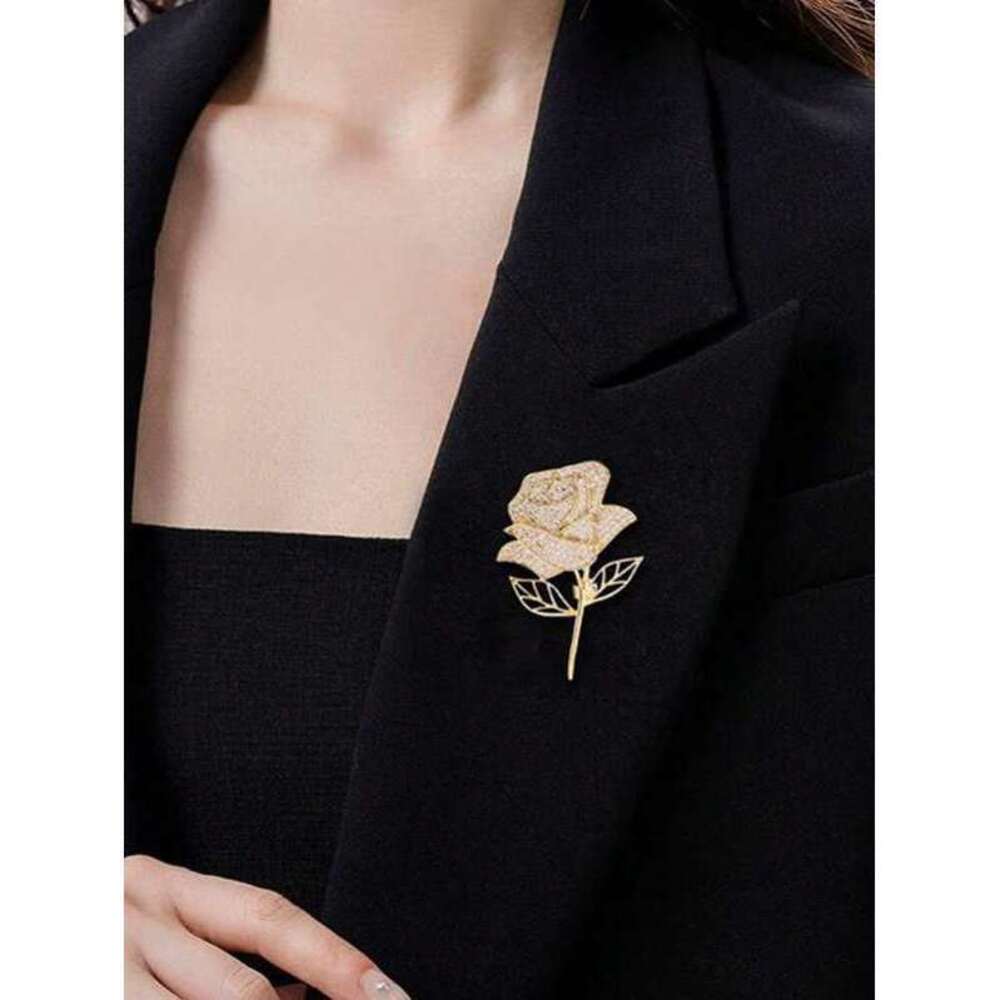 Gold Rose Flower Brooch With Shiny CZ Rhinestone, Metal Pin Broo - Picture 1 of 3